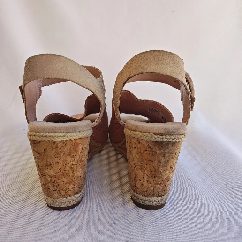 TOMS Tropez Wedge Sandal Nubuck‎ Leather Open Toe Cork 10 Tan Peach Beige